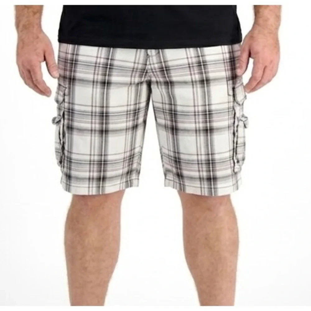 BURNSIDE Men's Plaid Cargo Multi Pockets Casual White Black Red Shorts-Size 48